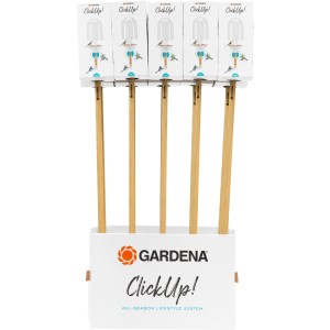 Gardena ClickUp! Vogelfutterstation mit Holzstiel, ausgestellt im Verkaufsständer.