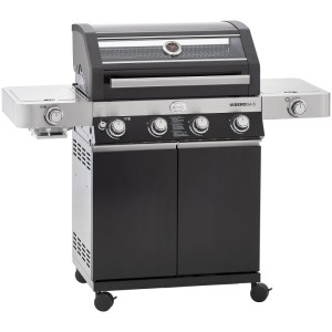 RÖSLE BBQ Gasgrill Videro G4 S Schwarz mit 4 Brennern, Edelstahl-Seitentischen, Glasdeckel und Rollen. Ideal für Garten.
