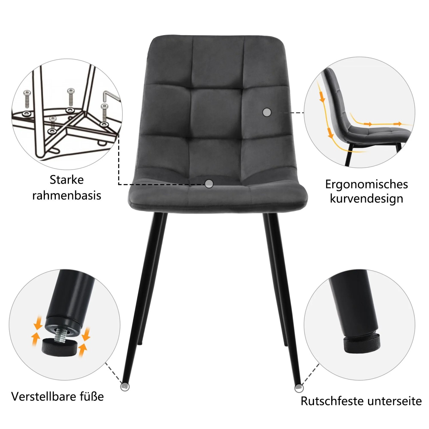 Merax Essgruppe 5-tlg mit 117cm Esstisch  4 Samtstühle Dunkelgrau  Tischbeine Schwarz_7