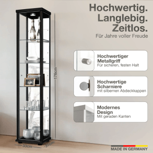 Schwarze Glasvitrine mit LED, Spiegelrückwand und 4 Glasböden (176x37x33 cm).