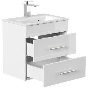 Posseik Badmöbel Portus 500 SlimLine, weiß hochglanz, mit Waschbecken und zwei offenen Schubladen.
