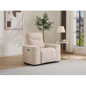 Elektrischer Relaxsessel Scamoco in Beige aus Chenille-Stoff mit USB-Anschluss, in einem hellen Wohnzimmer.