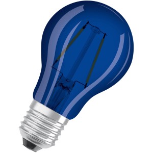 Blaue Osram LED Lampe E27 in Glühlampenform, 2,5W, 10lm, 10,5x6cm (H x Ø).
