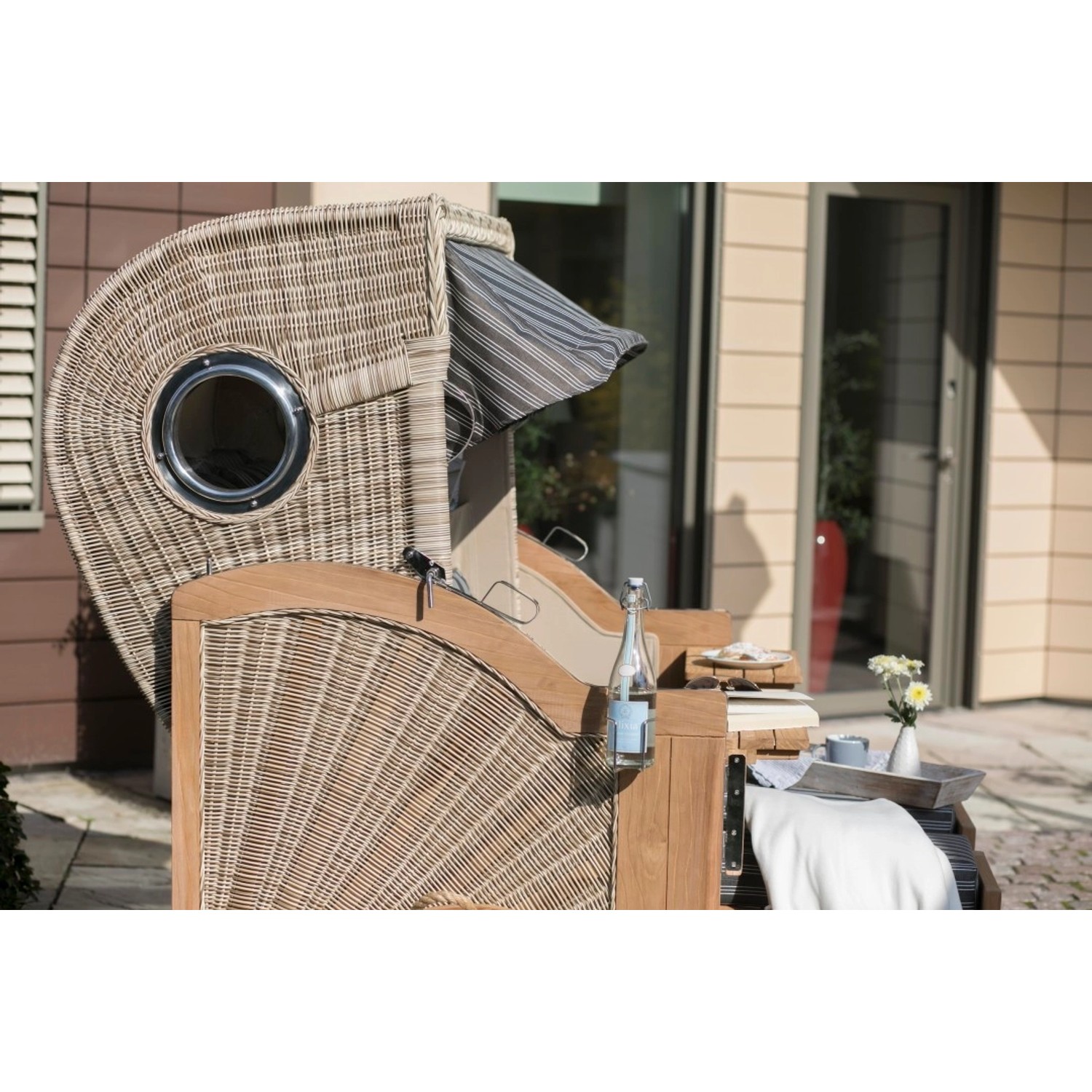 GarWoh Strandkorb Rantum Teak mit PE-Geflecht und Bullauge, Dessin 548.