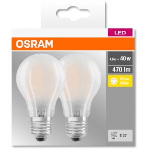 2er Set Osram LED-Leuchtmittel E27 in Glühlampenform, 4W, warmweiß. Ideal für Wohnräume.