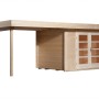 Unbehandeltes Weka Holz-Gartenhaus mit Flachdach und Anbau, 590x314 cm.