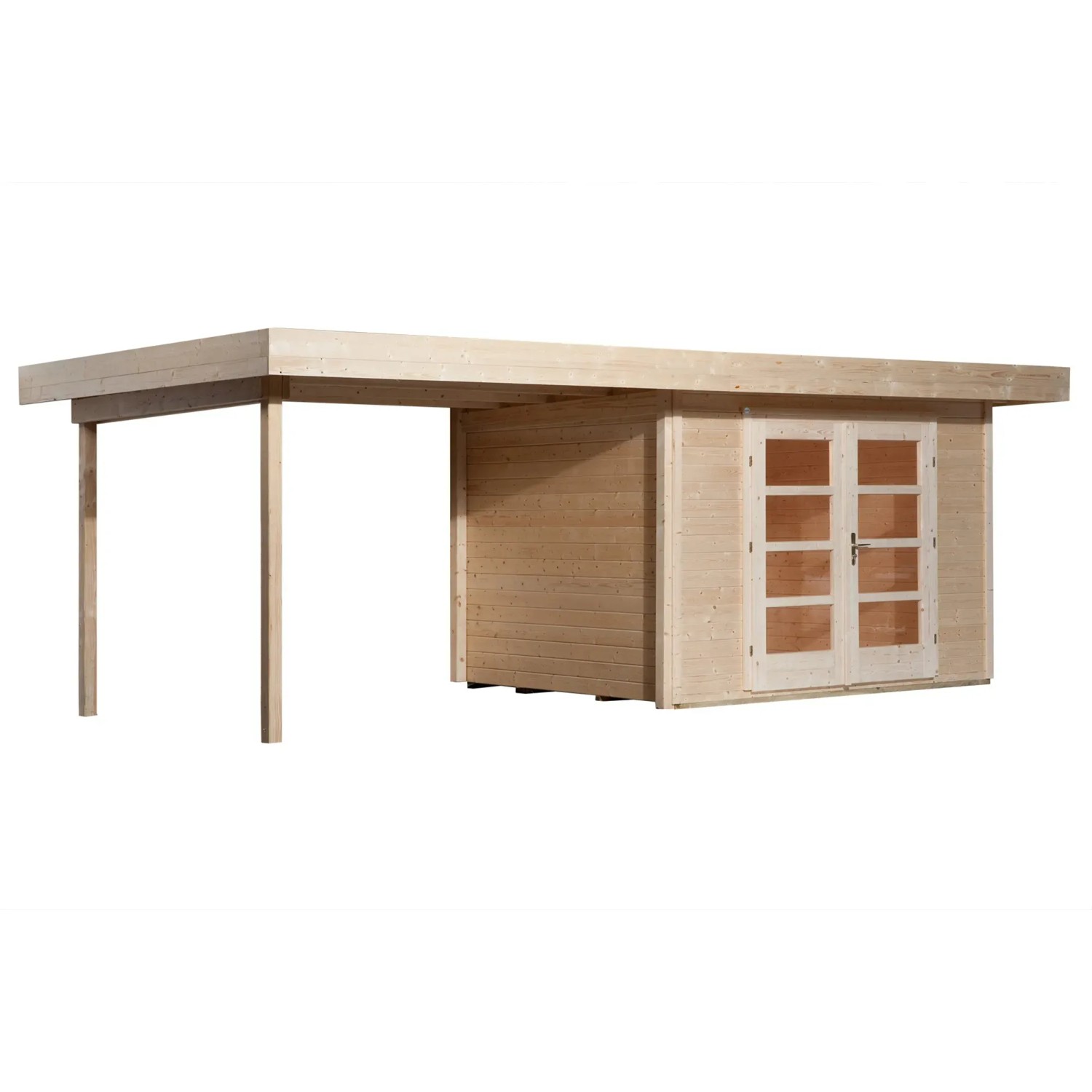 Unbehandeltes Weka Holz-Gartenhaus mit Flachdach und Anbau, 590x314 cm.