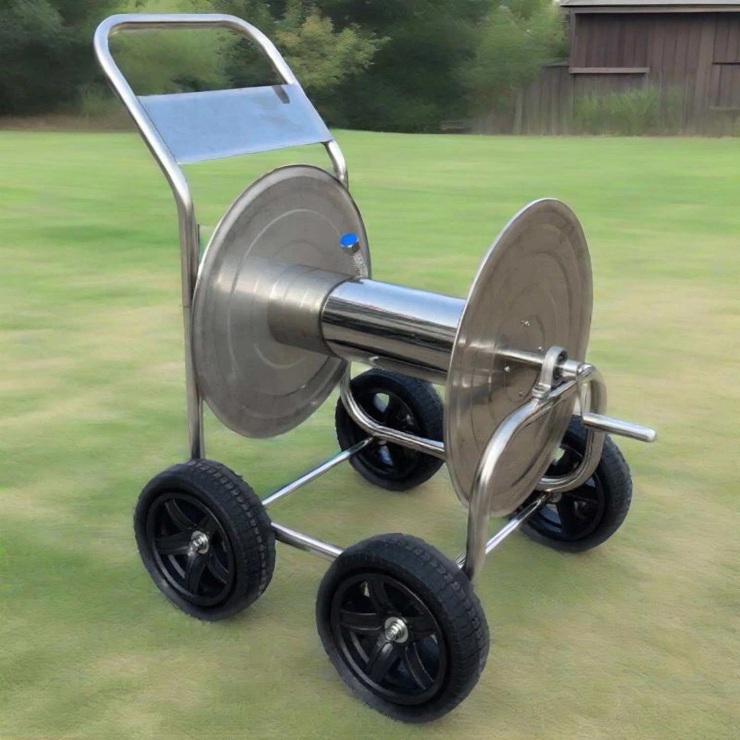Relaxdays Schlauchwagen Edelstahl Silber Fahrbar 100 cm x 73 cm x 57 cm 23,8 kg_3