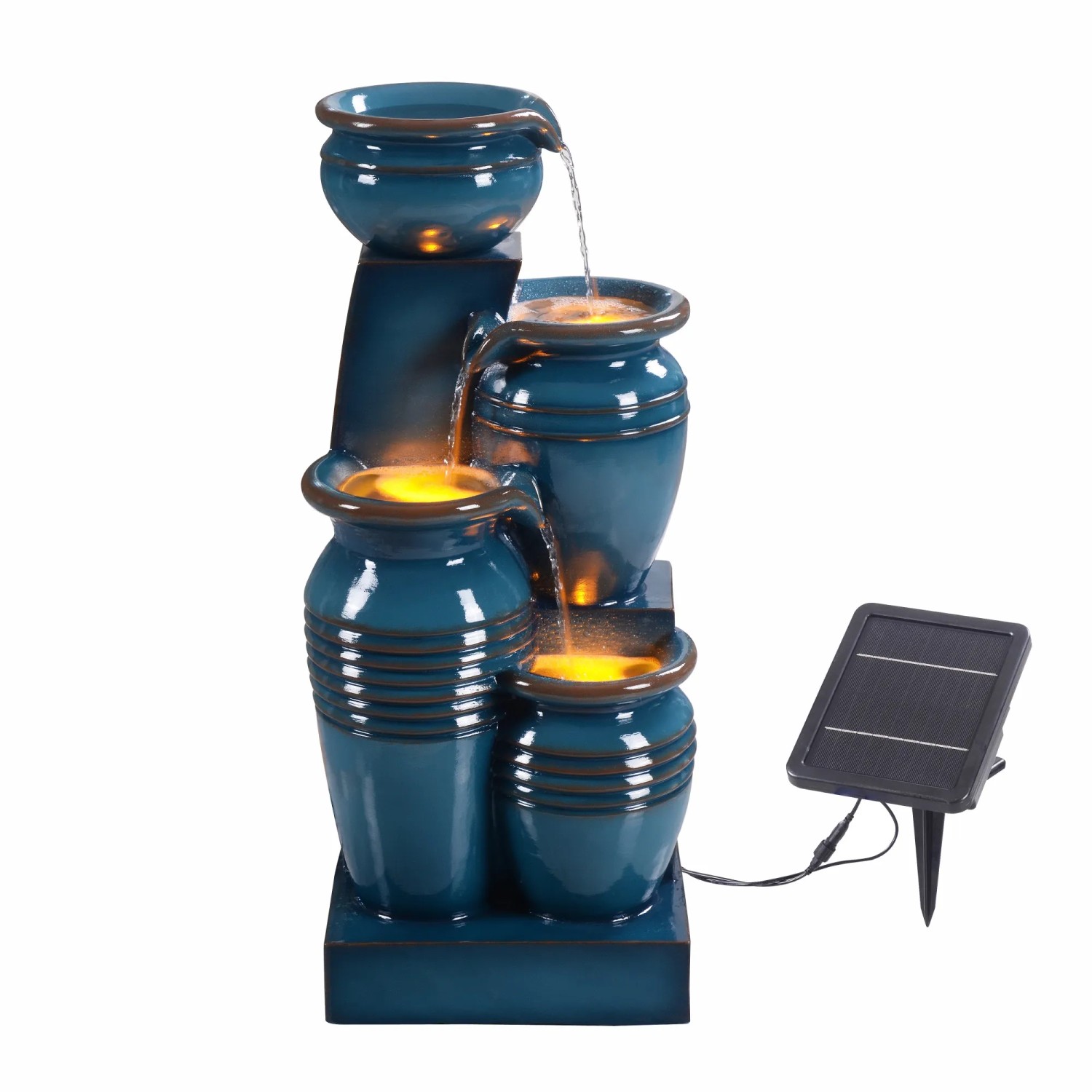 Teamson Home 4-stufiger Gartenbrunnen mit Solar und LED in Blau. Dekorativer Kaskadenbrunnen für den Außenbereich.