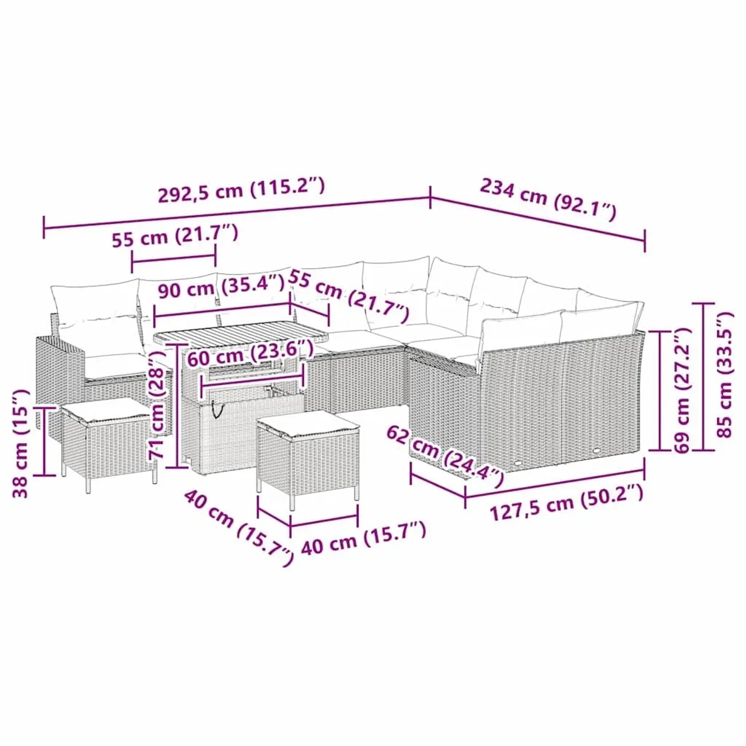 Graues 12-teiliges Garten-Sofa-Set aus Polyrattan mit Tisch und Hockern, Maße siehe Detailzeichnung.