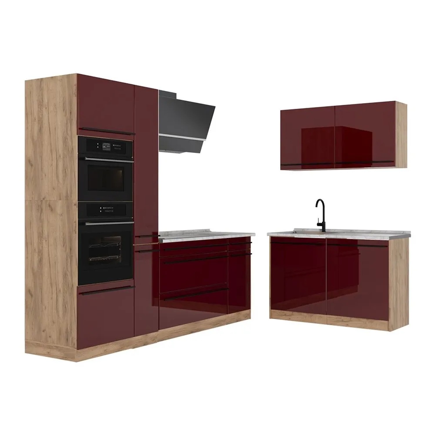 Vicco Eckküche R-Line Rot Hochglanz/Goldkraft Eiche 230 x 207 Arbeitsplatte Marmor Art Nr 66727