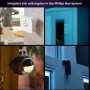 Philips Hue Secure Kontaktsensoren, 2er-Pack, schwarz, an Tür, Fenster und Außenleuchte montiert.