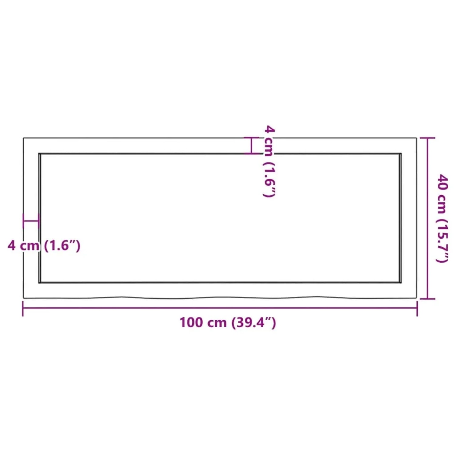 Skizze einer hellbraunen Waschtischplatte aus Massivholz (100x40x6 cm) mit Maßangaben.