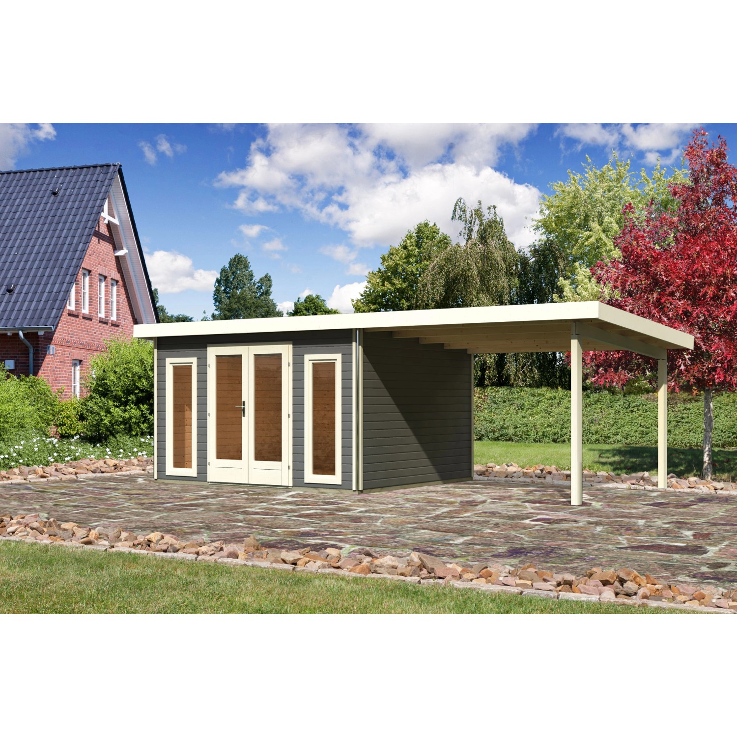 Karibu Holz-Gartenhaus Norrköping Terragrau Pultdach Lackiert 365 cm x 305 günstig online kaufen