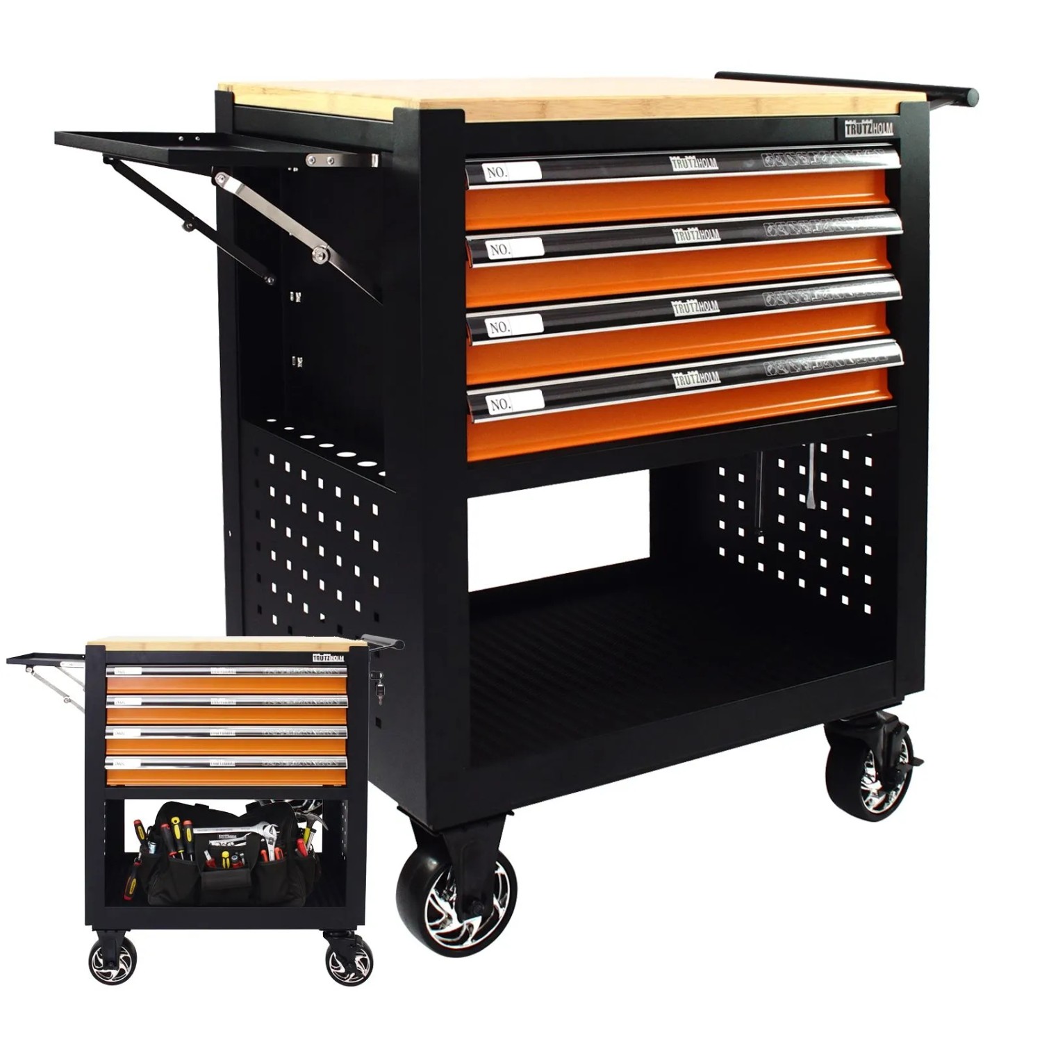 TRUTZHOLM Werkstattwagen 4 Schubladen Leer Hartholz Arbeitsplatte Orange günstig online kaufen