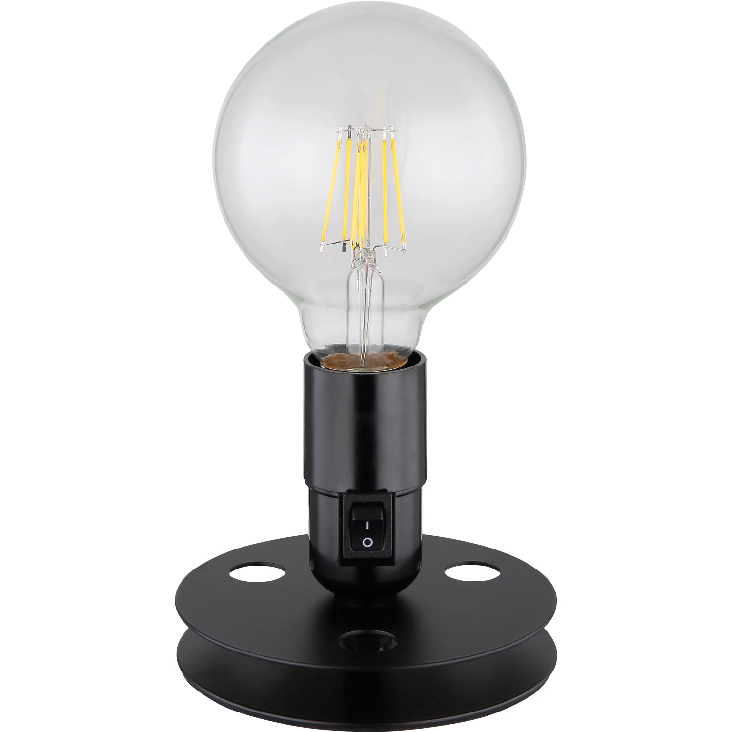 Schwarze Globo Tischlampe Johanna mit E27 Fassung und klarem Leuchtmittel.