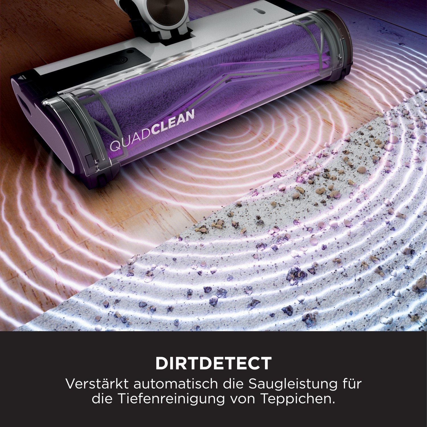 Shark Akku-Staubsauger mit DirtDetect reinigt Teppich. QuadClean Bürste sichtbar.