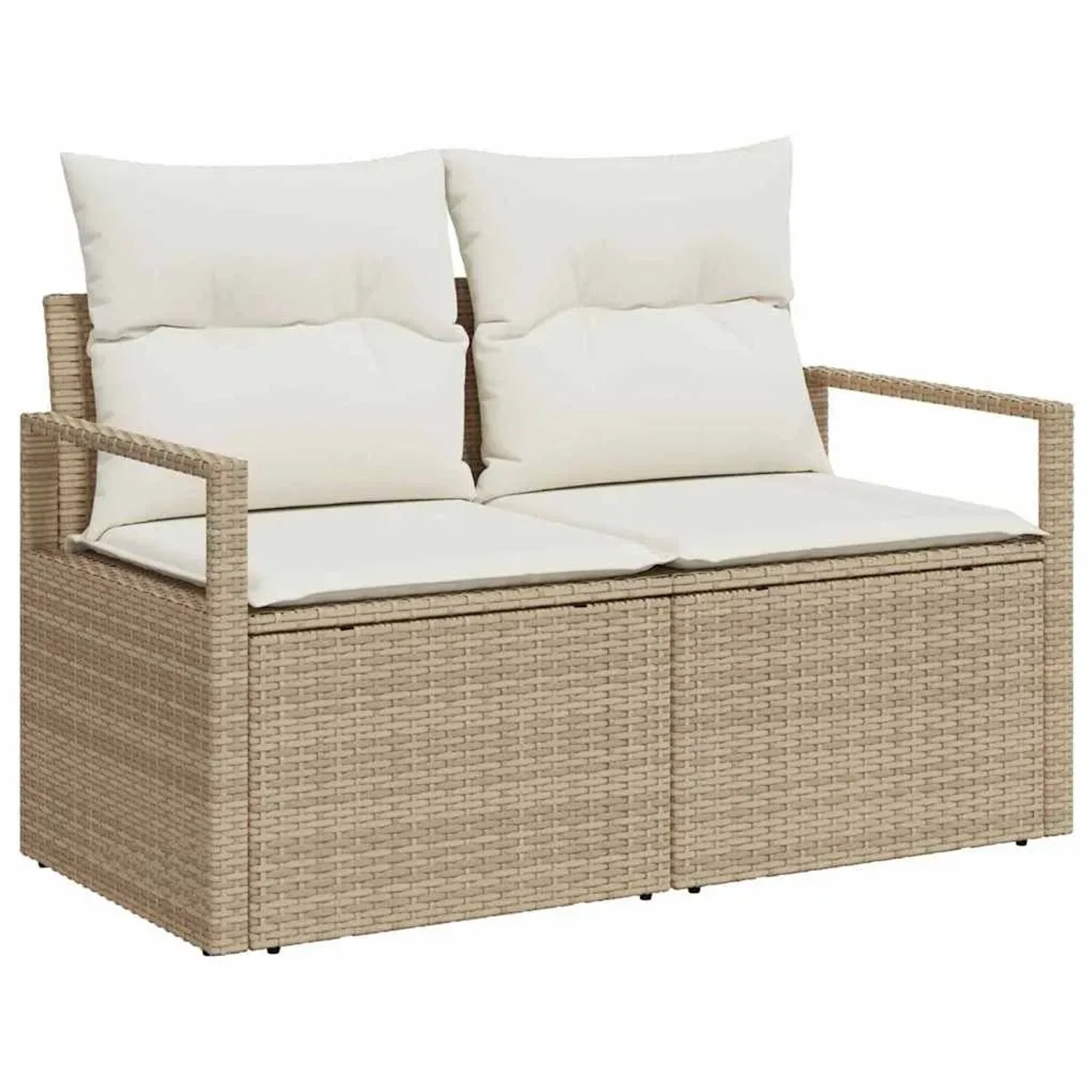 Beiges 6-tlg. vidaXL Garten-Sofa-Set aus Poly Rattan mit Stauraum, inklusive Kissen und Tisch.