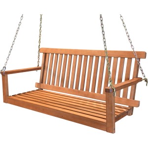 Braune 2-Sitzer Hängebank Columbia aus Eukalyptusholz mit Kettenaufhängung für Garten oder Terrasse.