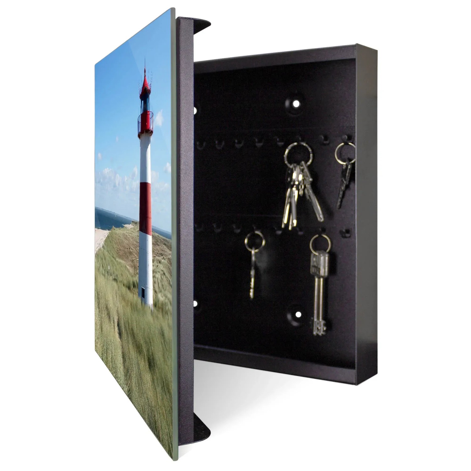 Offener, schwarzer Banjado Schlüsselkasten mit Leuchtturm-Motiv auf der Tür und Schlüsseln im Inneren.