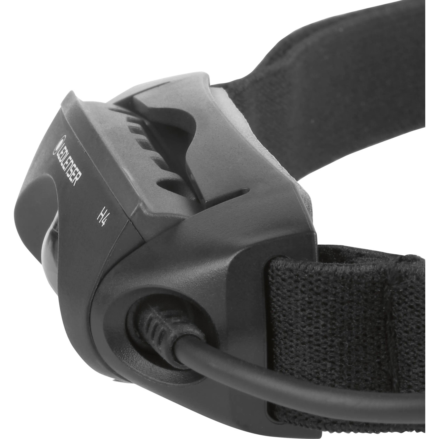 Detailaufnahme: Schwarze Ledlenser H4 Stirnlampe mit flexiblem Kopfband. Ideal für Sport & Heimwerken.