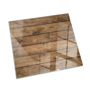 Quadratische Tulup Glasplatte 60x60 cm mit brauner Holzmaserung. Funkenschutzplatte für Kamin & Ofen Zubehör.