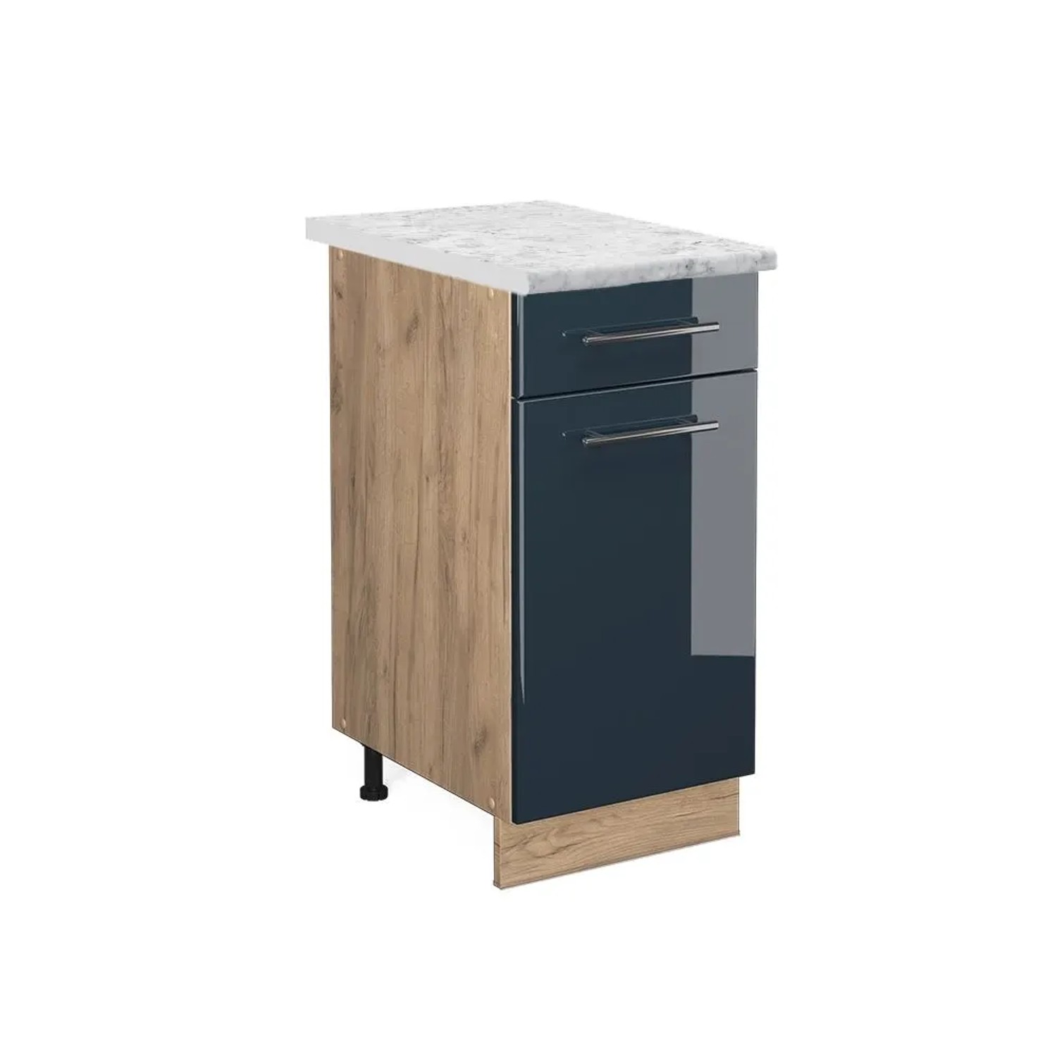 Vicco Küchenunterschrank Fame-Line DunkelBlau Hochglanz Goldkraft Eiche 40 cm AP Marmor