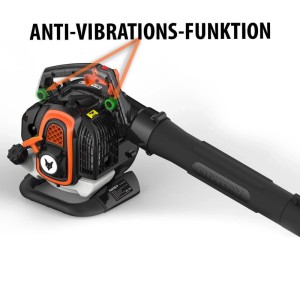 FUXTEC Profi Benzin-Laubsauger FX-LBS126P in Schwarz/Orange mit Anti-Vibrations-Funktion, grüne Dämpfer am Griff.