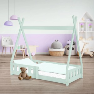 Mintfarbenes ML-Design Kinderbett Tipi 70x140 cm mit Rausfallschutz und Lattenrost.