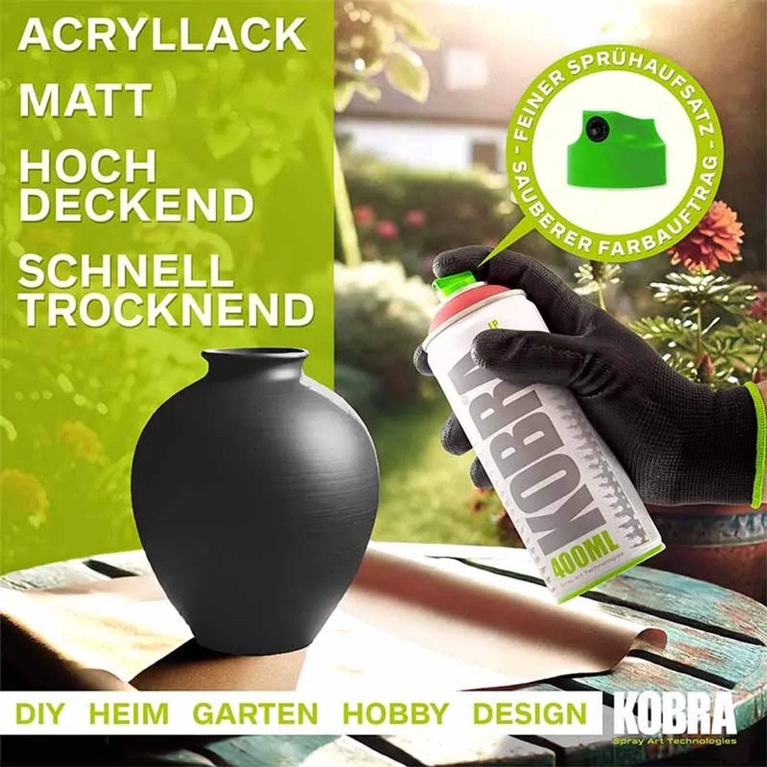 Kobra LP Buntlack Spray, 400ml, Anthrazitgrau Matt. Sprühdose und lackierte Vase.