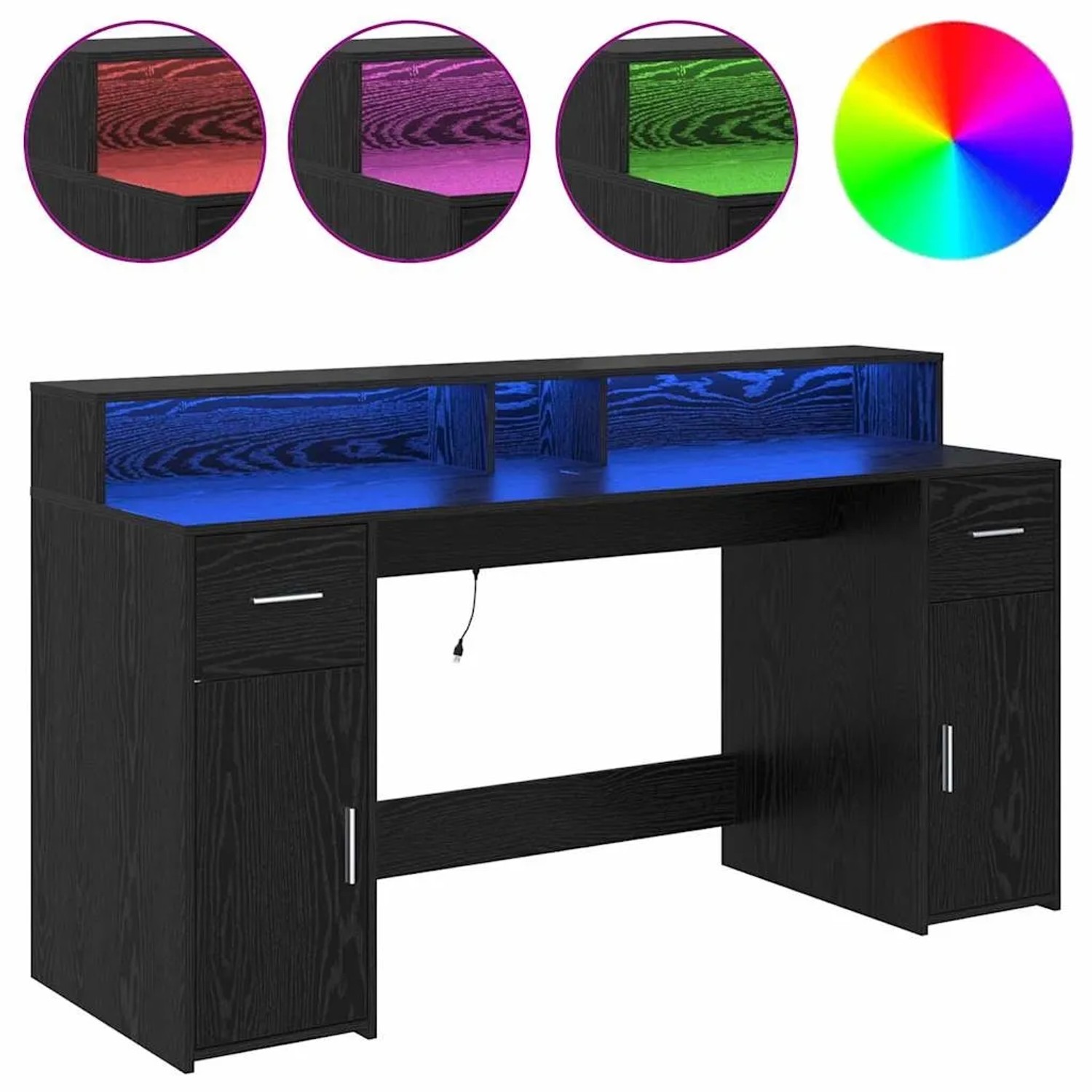 Schwarzer vidaXL Schreibtisch Eiche mit LED-Beleuchtung, Fächern und Schubladen.