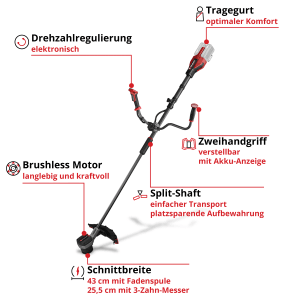 Einhell Akku-Sense GP-BC 36/430 Li BL-Solo: Akku-Trimmer mit Zweihandgriff, Tragegurt und Brushless Motor.