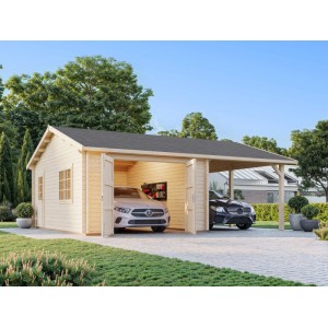 Palmako Garage Roger mit Holztor, tauchgrundiert hellbraun, mit Carport und zwei Autos.