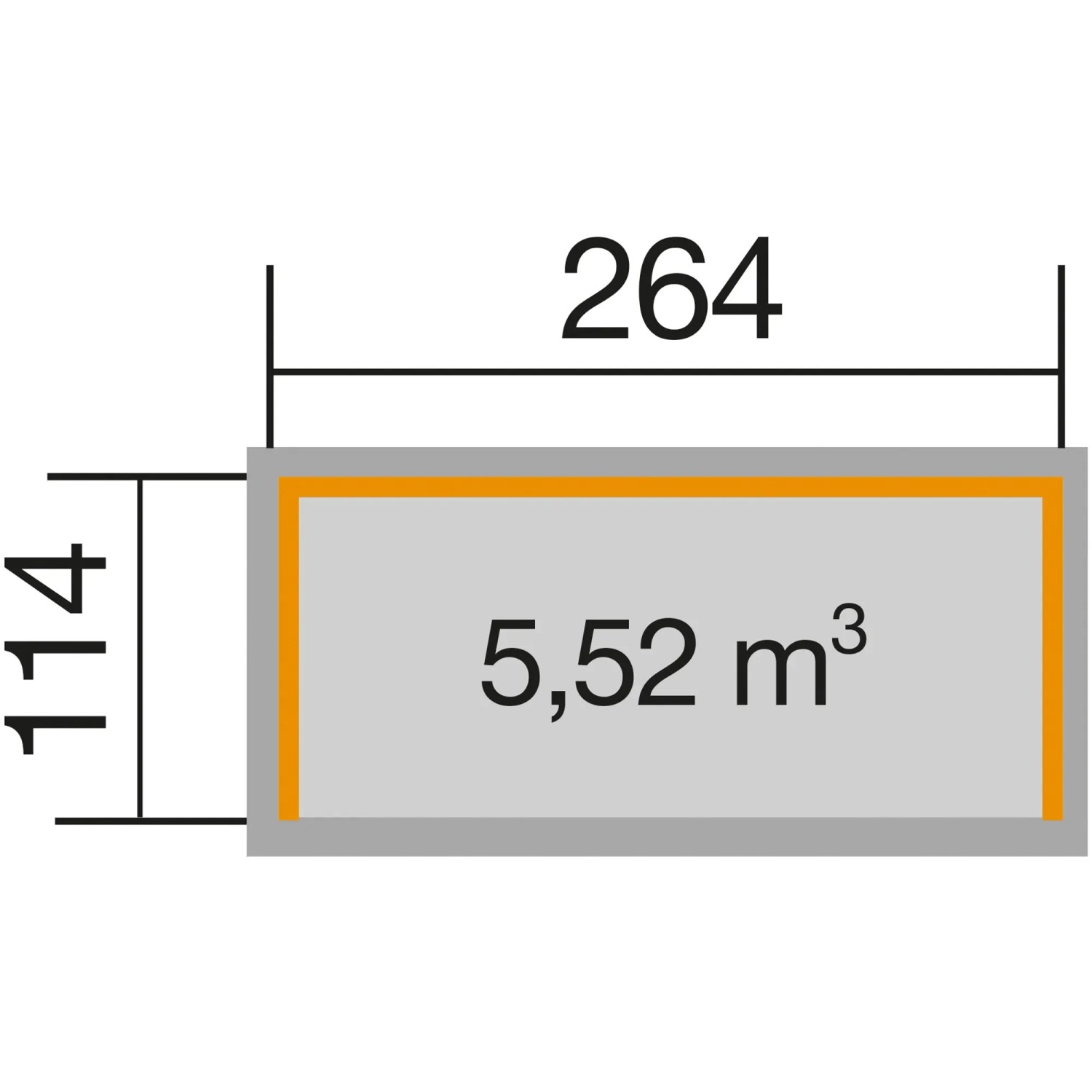 Skizze Weka Unterstellplatz Größe 2: Maße 264x114 cm, Fläche 5,52 m², ideal für Mülltonnenboxen.