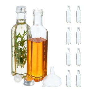 Relaxdays 10er Set Glasflaschen zum Befüllen mit Trichter, transparent. Ideal für Öl, Likör & mehr.