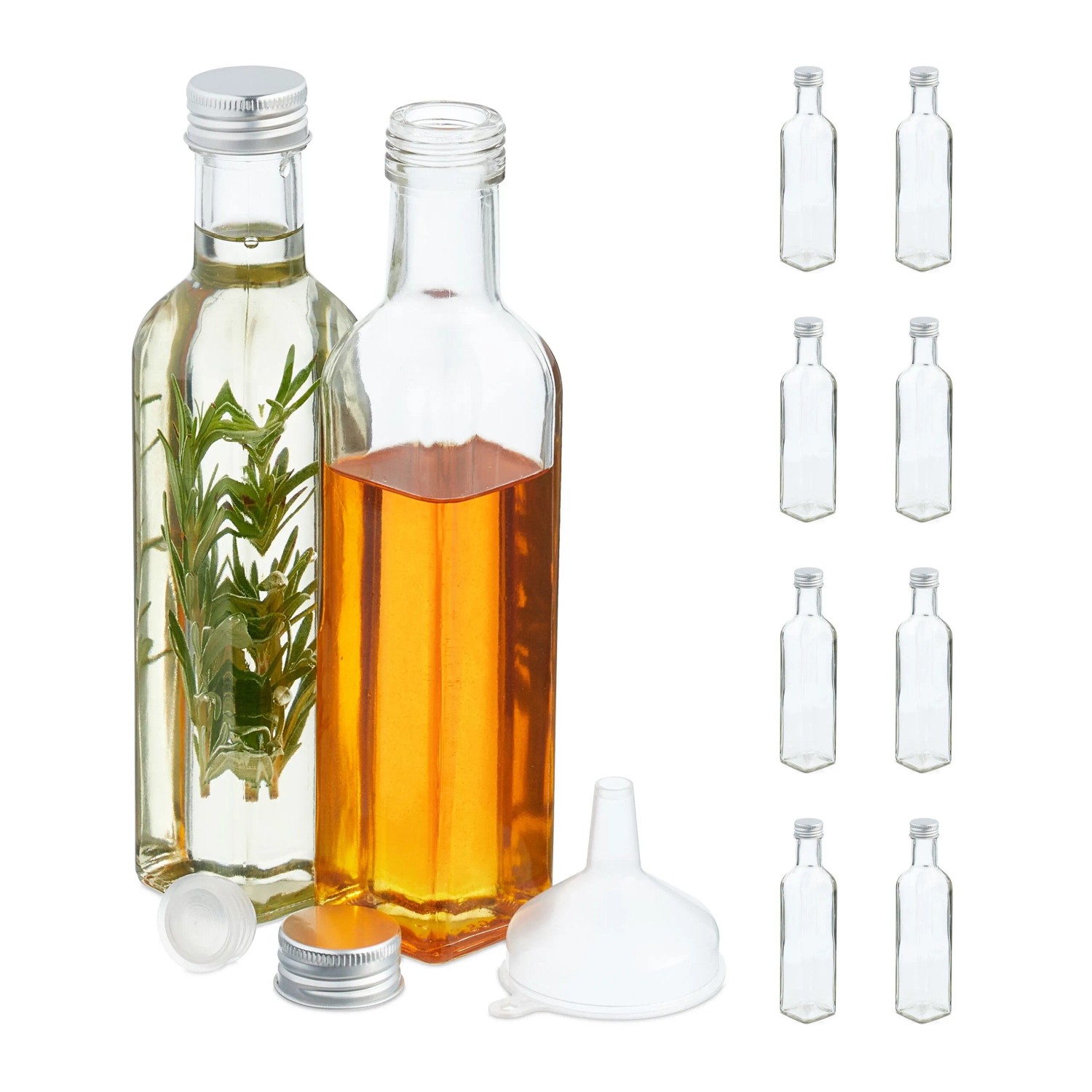 Relaxdays Flaschen zum Befüllen Glas Transparent Mit Trichter 10er Pack 22 cm x 4,5 cm x 4,5 cm