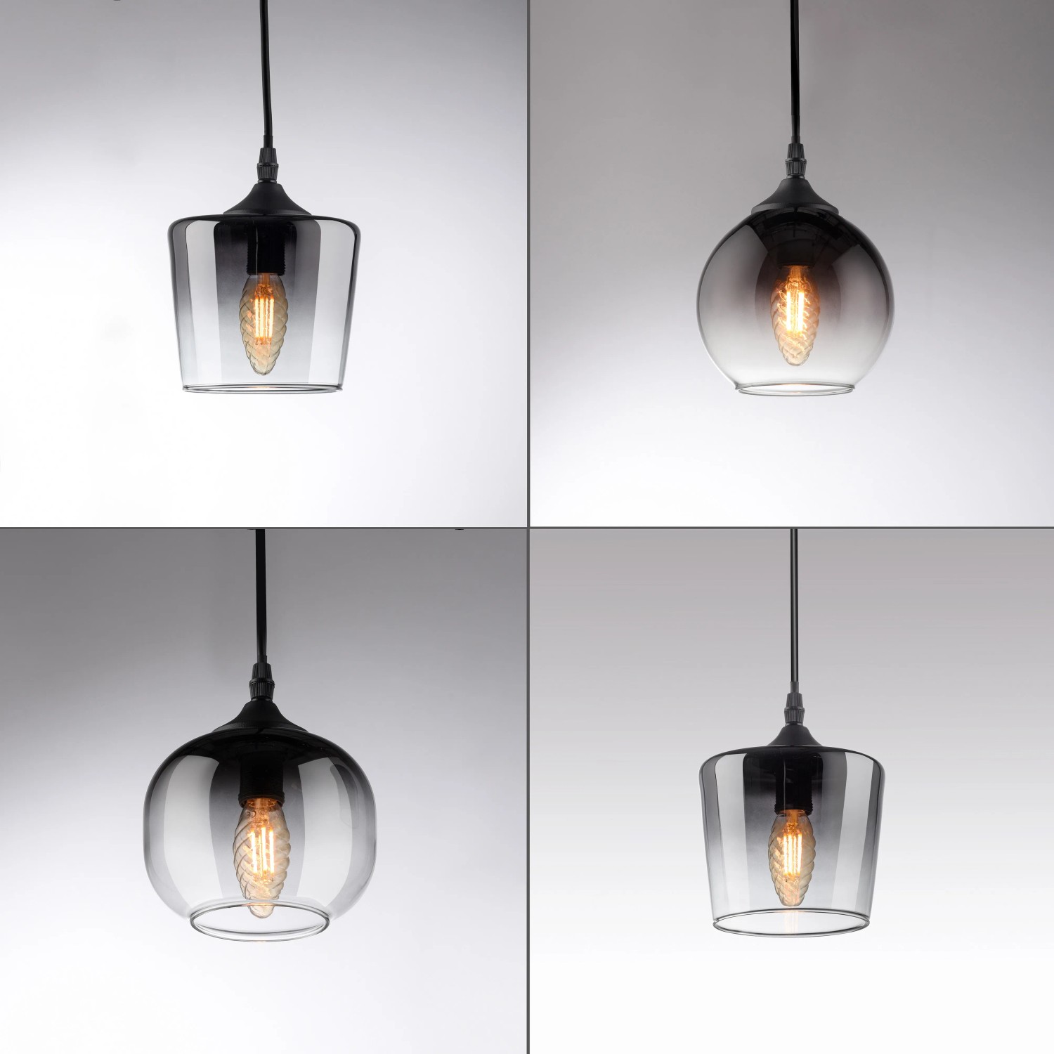 Just Light Pendelleuchte Zea, 6-flammig, schwarz, mit drei verschiedenen Rauchglas-Formen.