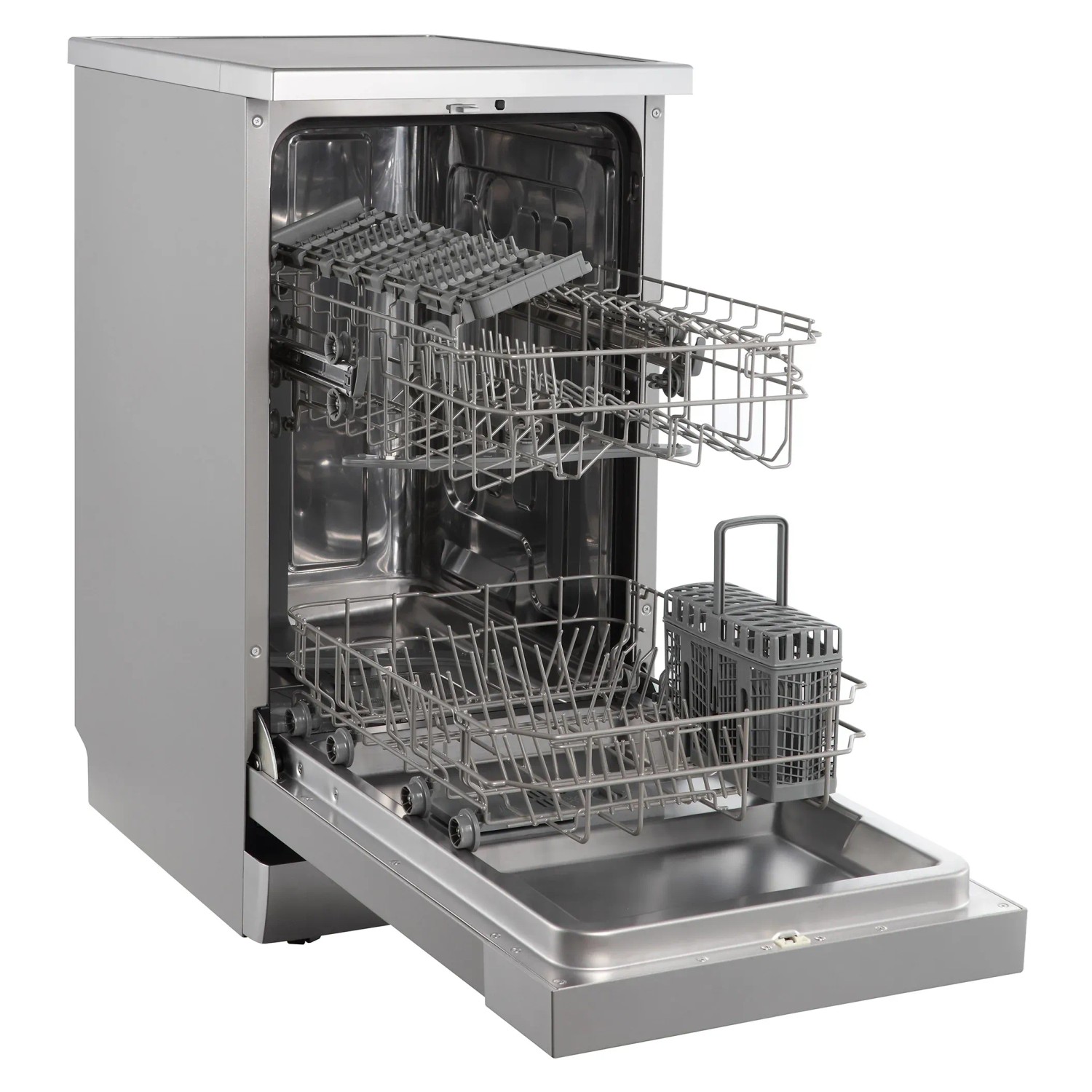 Offener Respekta Unterbau-Geschirrspüler Bena 45 cm in Silber mit zwei Spülkörben.