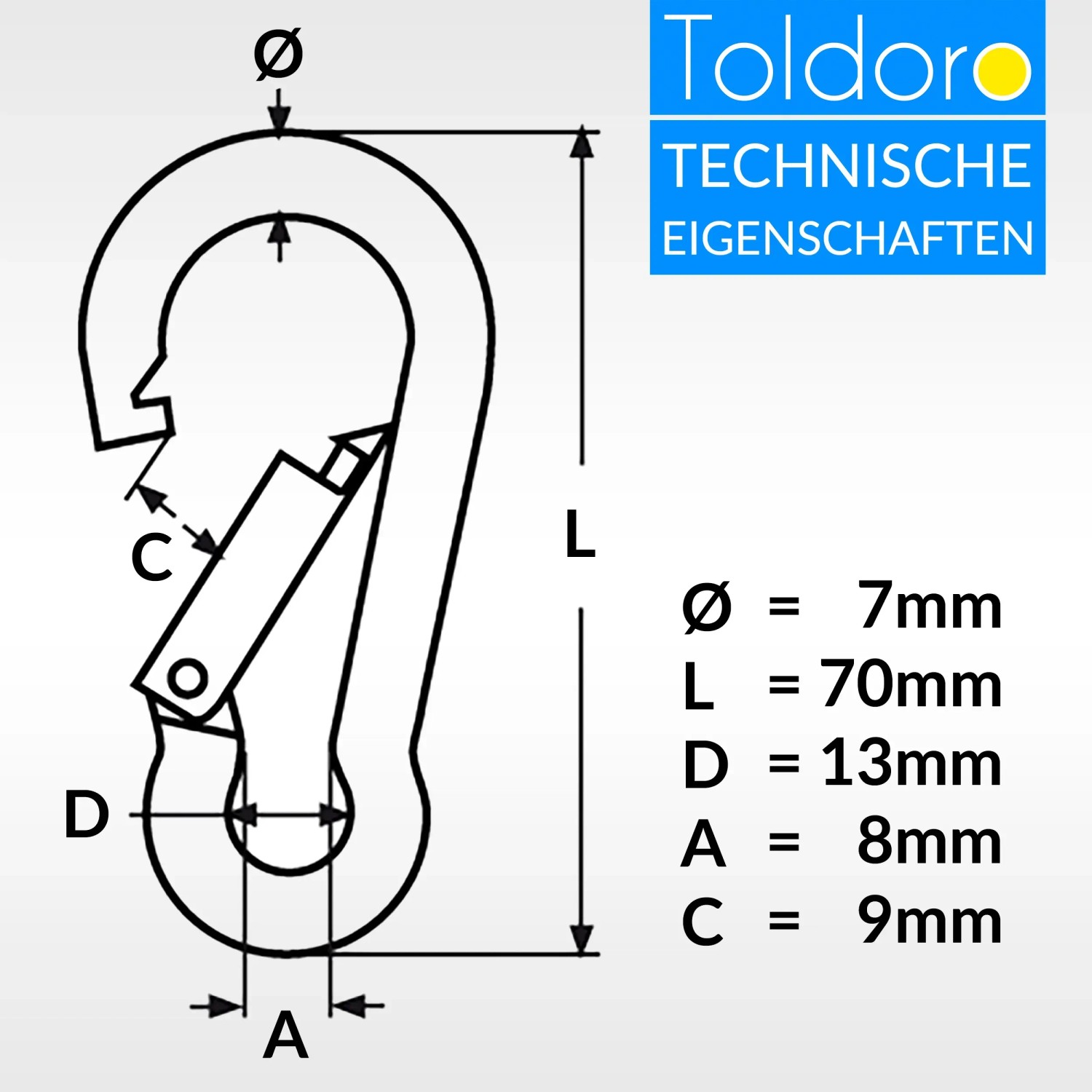 Technische Zeichnung: Toldoro Edelstahl Karabinerhaken 7x70mm, Maße und Details.