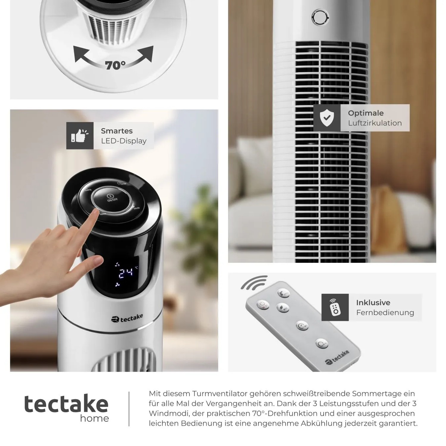 Weißer Tectake Turmventilator mit LED-Display, Fernbedienung und Oszillation.