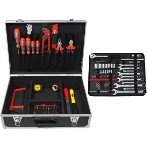 Famex Werkzeugkoffer 758-63, 130-teilig, mit Werkzeugsortiment wie Schraubenschlüssel, Zangen und Schraubendreher.