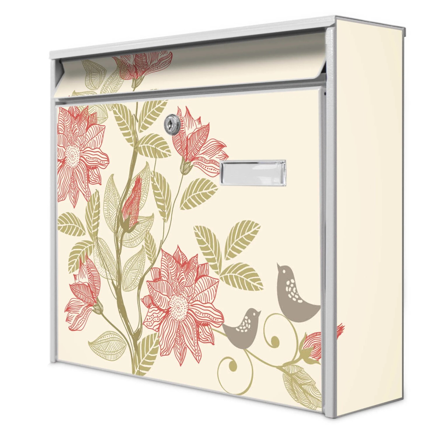 Banjado Briefkasten Weiß 36.2x32.2x10cm Groß / Inkl. Montagematerial & 2 Schlüsseln / Mit Namensschild Motiv Wt Vogelhochzeit