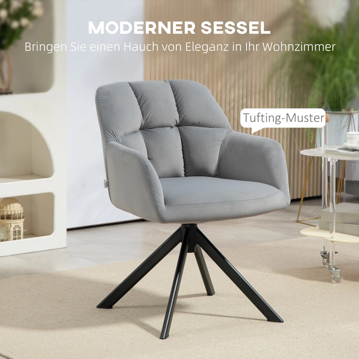 Grauer HOMCOM Loungesessel mit Samtoptik und schwarzem Metallfuß.