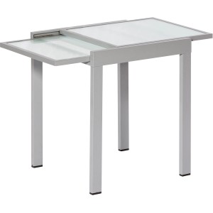 Ausziehbarer, silberner Balkontisch mit Glasplatte, 65/130x65 cm, ideal für kleine Balkone.