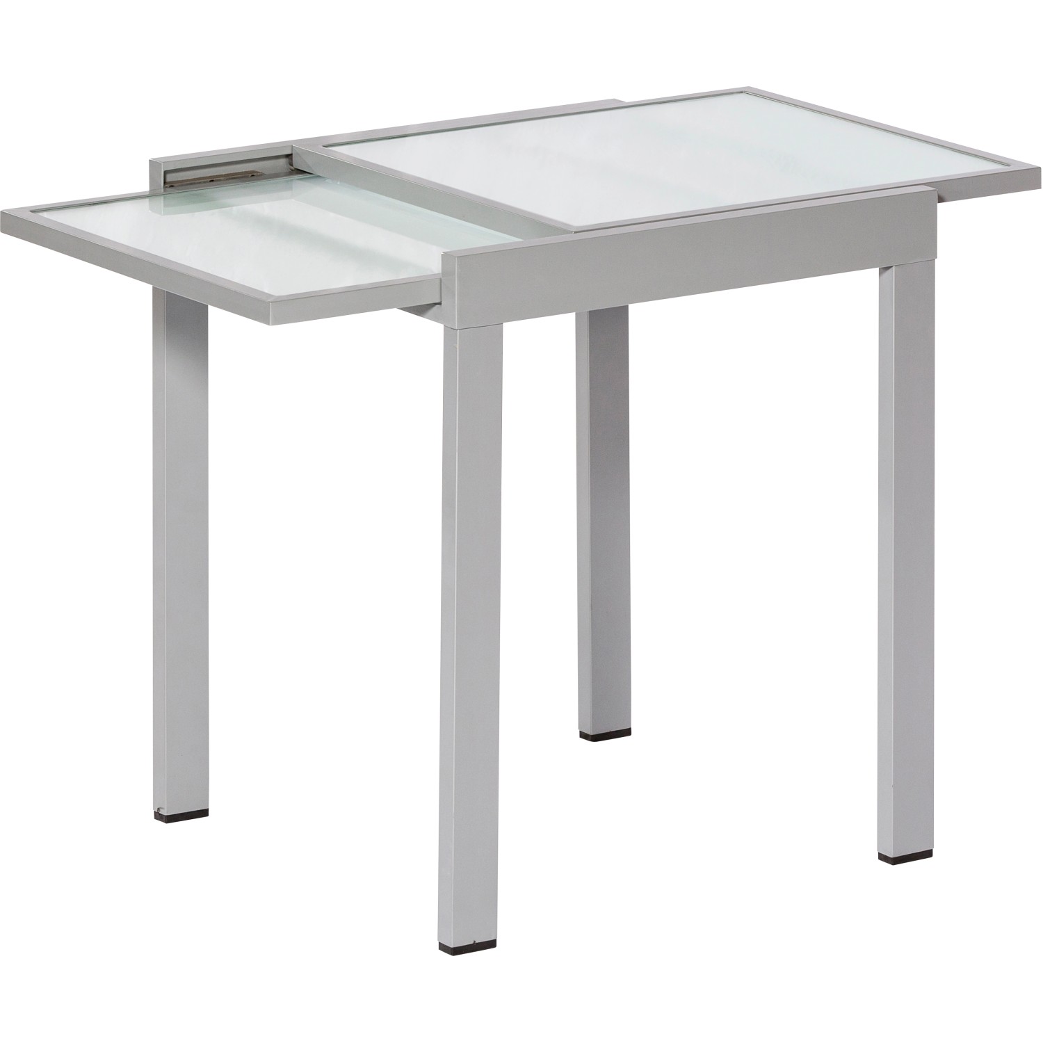 Ausziehbarer, silberner Balkontisch mit Glasplatte, 65/130x65 cm, ideal für kleine Balkone.