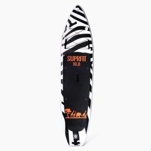 Suprfit SUP Board Safari Tiger, aufblasbar, schwarz-weiß gestreift mit orangefarbenem Logo und Safari-Tieren.