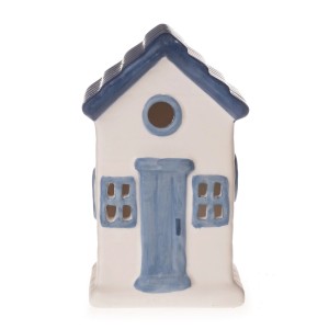 Dekoratives Strandhaus in Weiß, Blau und Grau, 6x6x10 cm, maritime Tischdeko.