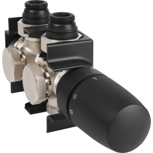 Schwarzes Quattro Ventilhahnblock Set für Heizkörper mit Thermostat und Abdeckung.