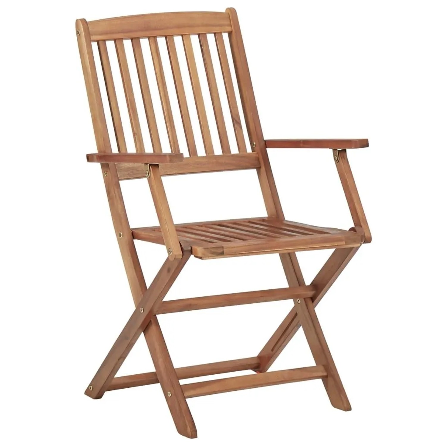 Klappbarer Gartenstuhl aus geöltem Akazienholz mit Lattenrost, Sitzfläche und Armlehnen. Robustes Design.