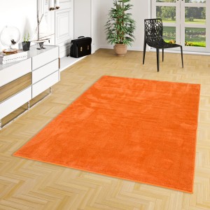 Orangefarbener Pergamon Luxus Hochflor Teppich Melia, 80x150cm, im Raum.